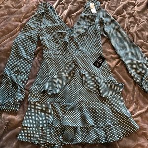 NWT Express long sleeve polka dot ruffle flounce tiered dress in teal size 0